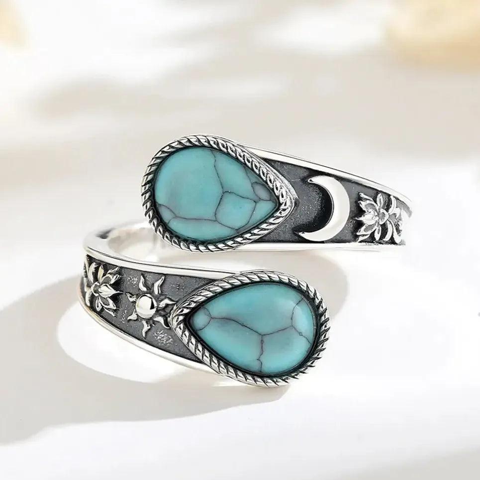 925 Sterling Silver Turquoise Rings Sun Moon Lotus Just Breathe Rings Wicca Healing Jewelry-MoonChildWorld