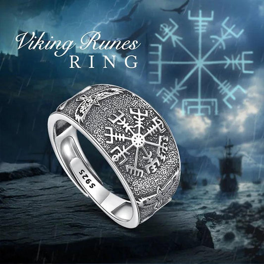 925 Sterling Silver Viking Compass Adjustable Ring - Norse Raven Celtic Knot Ring Pagan Jewelry-MoonChildWorld
