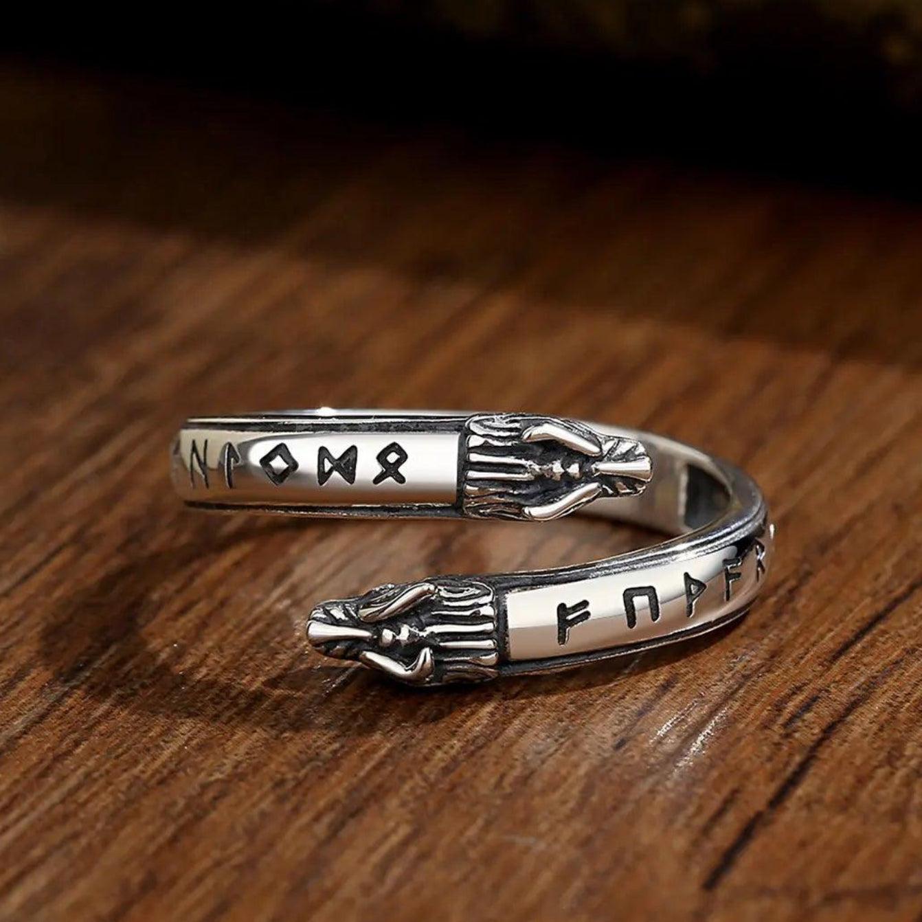 925 Sterling Silver Viking Dragon Adjustable Ring Norse Rune Dragon Head Ring Pagan Jewelry Gift-MoonChildWorld