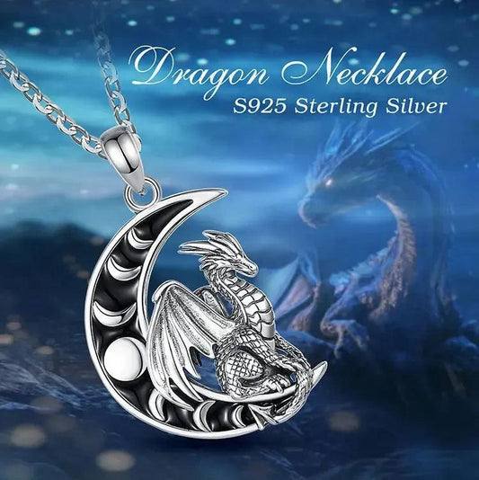925 Sterling Silver Viking Dragon Necklace Celestial Moon Phase Wicca Spiritual Jewelry-MoonChildWorld