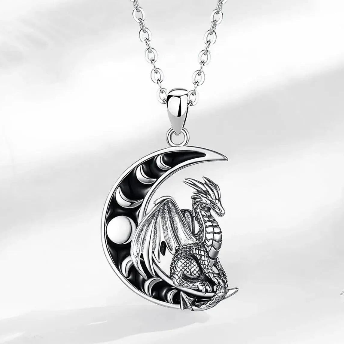 925 Sterling Silver Viking Dragon Necklace Celestial Moon Phase Wicca Spiritual Jewelry-MoonChildWorld