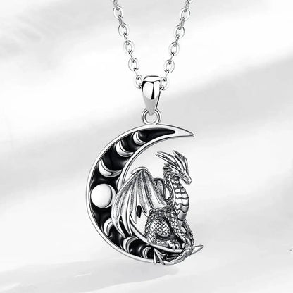 925 Sterling Silver Viking Dragon Necklace Celestial Moon Phase Wicca Spiritual Jewelry-MoonChildWorld