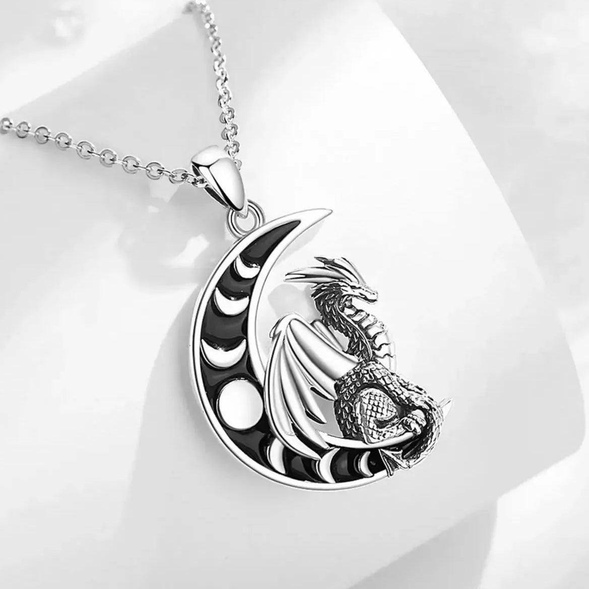 925 Sterling Silver Viking Dragon Necklace Celestial Moon Phase Wicca Spiritual Jewelry-MoonChildWorld