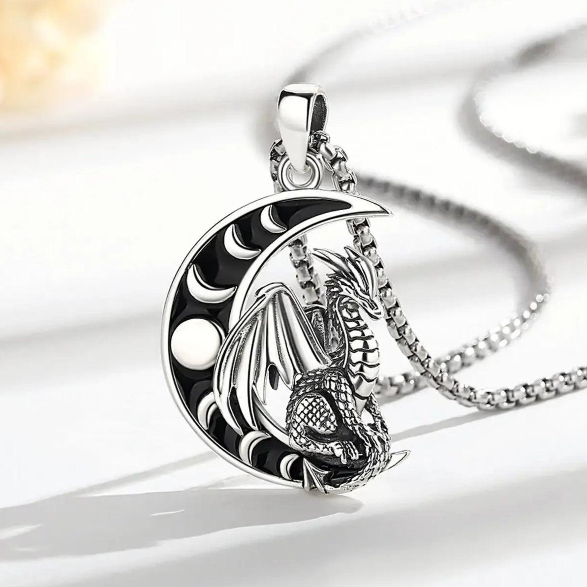 925 Sterling Silver Viking Dragon Necklace Celestial Moon Phase Wicca Spiritual Jewelry-MoonChildWorld