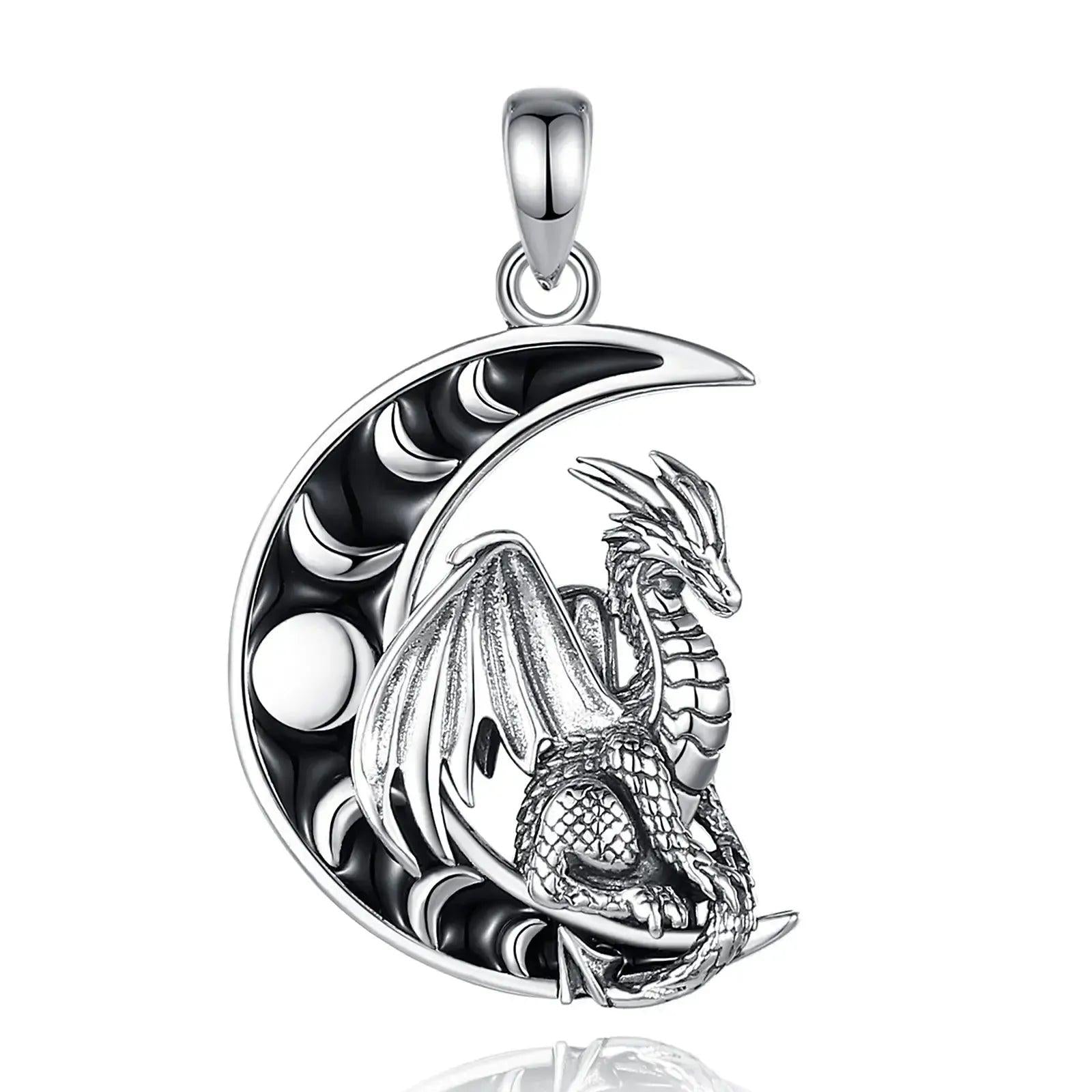 925 Sterling Silver Viking Dragon Necklace Celestial Moon Phase Wicca Spiritual Jewelry-MoonChildWorld