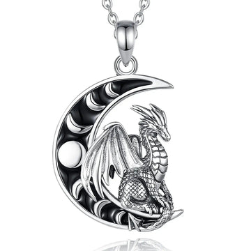 925 Sterling Silver Viking Dragon Necklace Celestial Moon Phase Wicca Spiritual Jewelry-MoonChildWorld