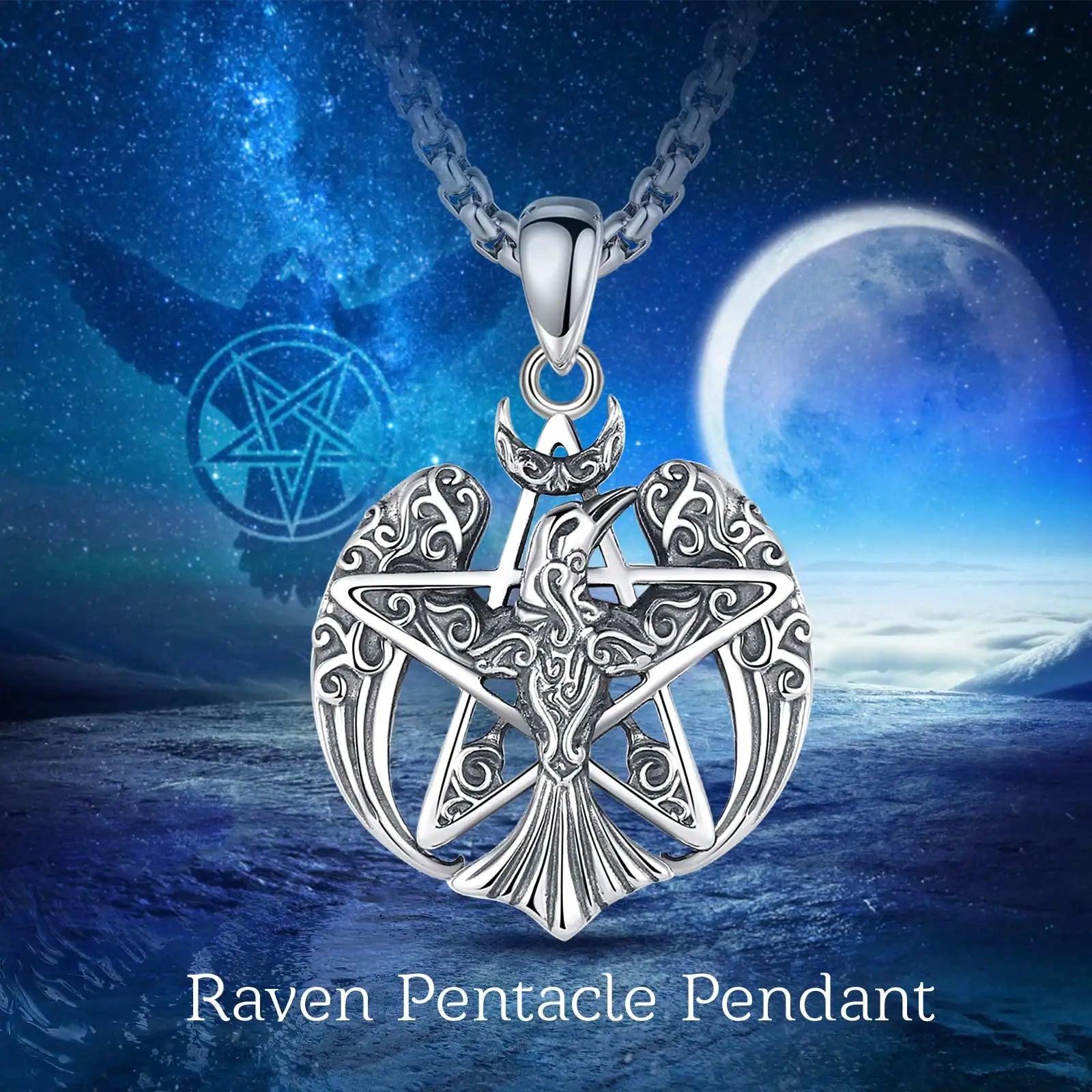 925 Sterling Silver Viking Raven Pentagram Necklace Pagan Wiccan Jewelry-MoonChildWorld