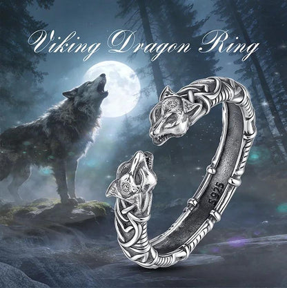 925 Sterling Silver Viking Wolf Adjustable Ring Norse Rune Compass Celtic Knot Ring Pagan Jewelry Gift-MoonChildWorld