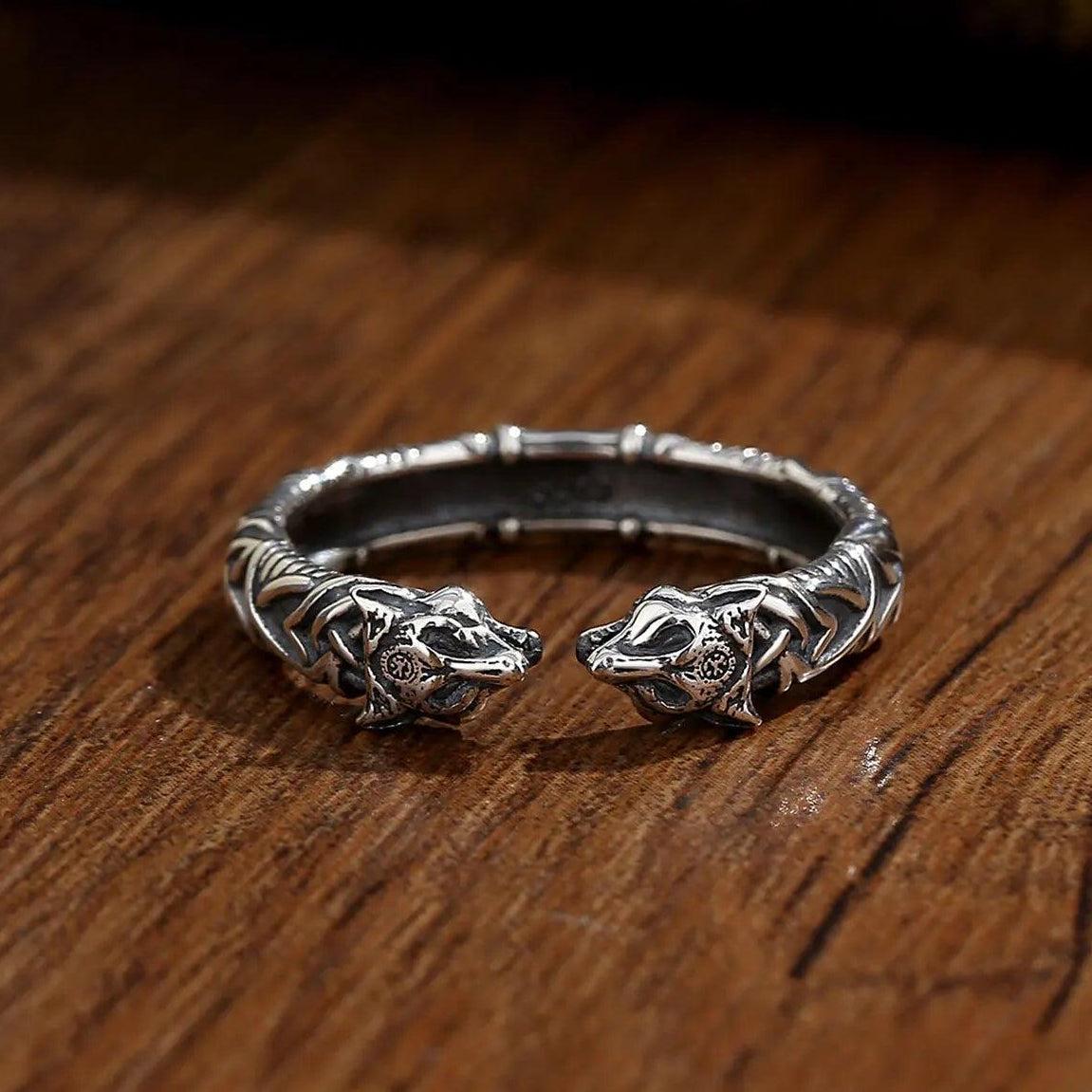 925 Sterling Silver Viking Wolf Adjustable Ring Norse Rune Compass Celtic Knot Ring Pagan Jewelry Gift-MoonChildWorld