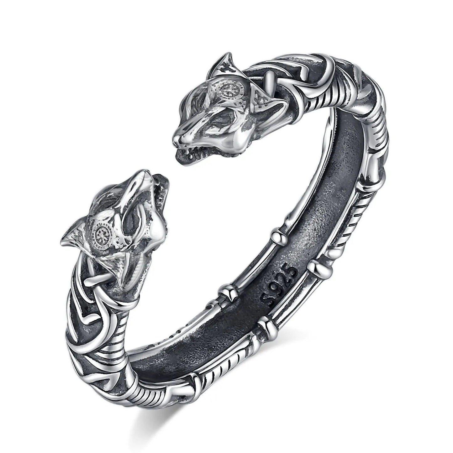 925 Sterling Silver Viking Wolf Adjustable Ring Norse Rune Compass Celtic Knot Ring Pagan Jewelry Gift-MoonChildWorld