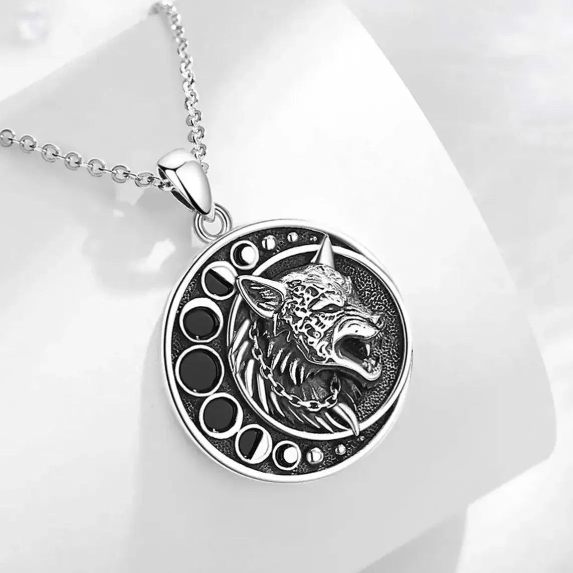 925 Sterling Silver Viking Wolf Necklace Celestial Moon Phase Triquetra Wicca Jewelry-MoonChildWorld