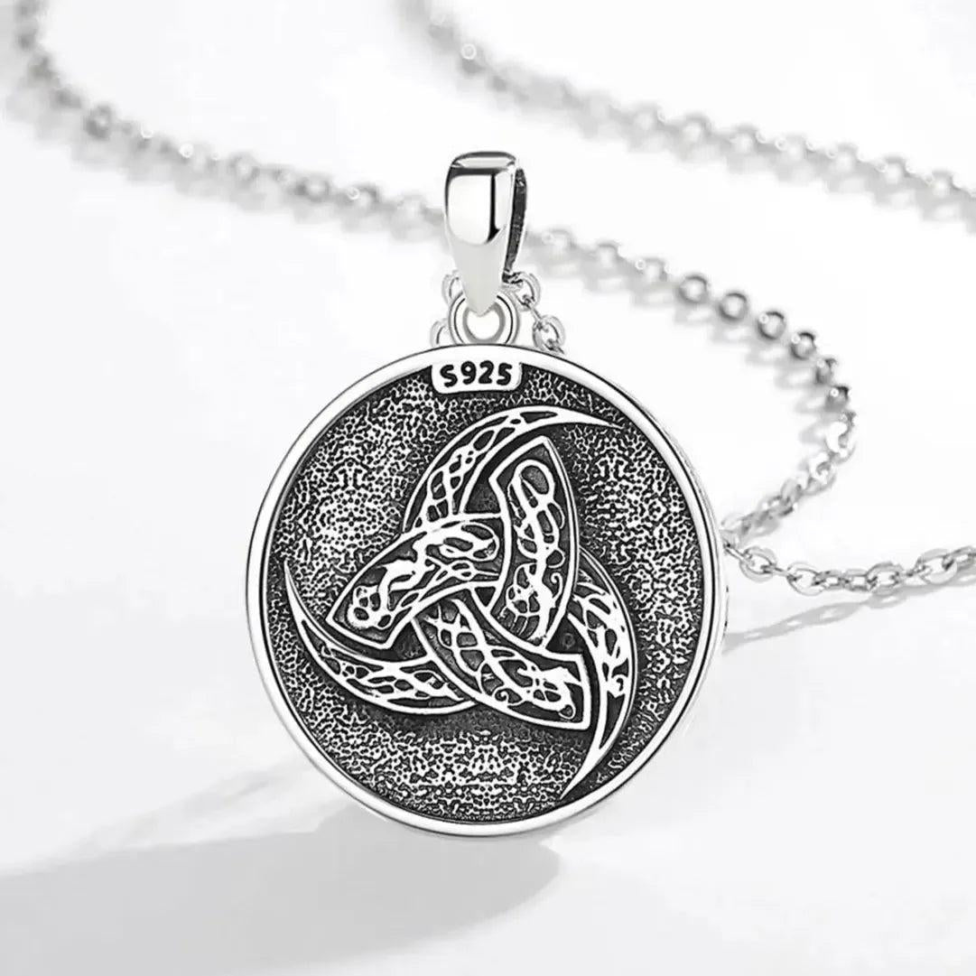 925 Sterling Silver Viking Wolf Necklace Celestial Moon Phase Triquetra Wicca Jewelry-MoonChildWorld