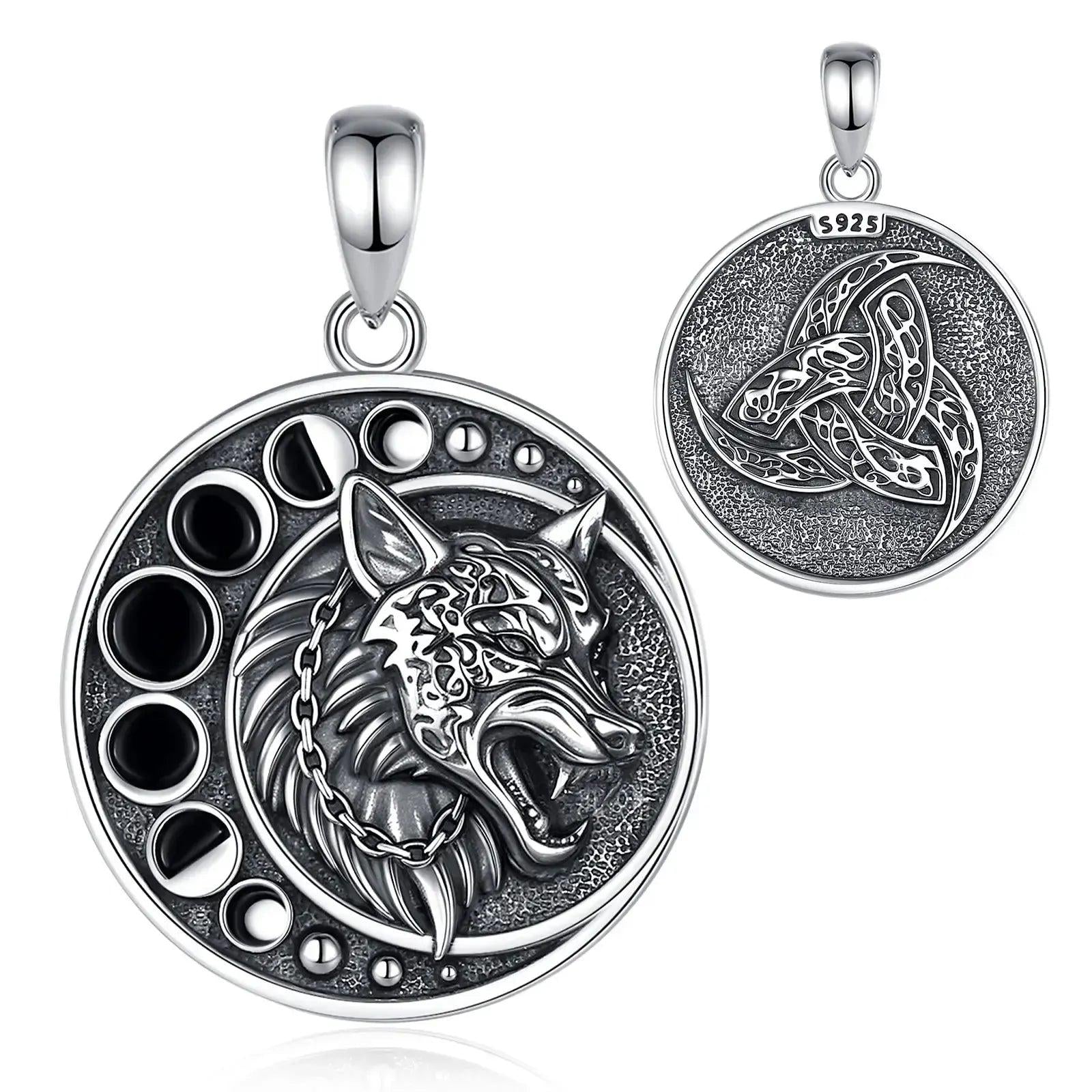 925 Sterling Silver Viking Wolf Necklace Celestial Moon Phase Triquetra Wicca Jewelry-MoonChildWorld