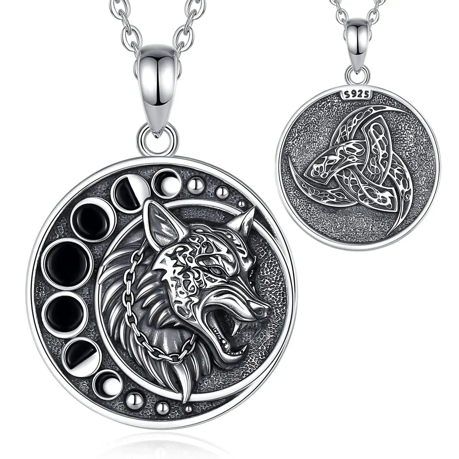 925 Sterling Silver Viking Wolf Necklace Celestial Moon Phase Triquetra Wicca Jewelry-MoonChildWorld