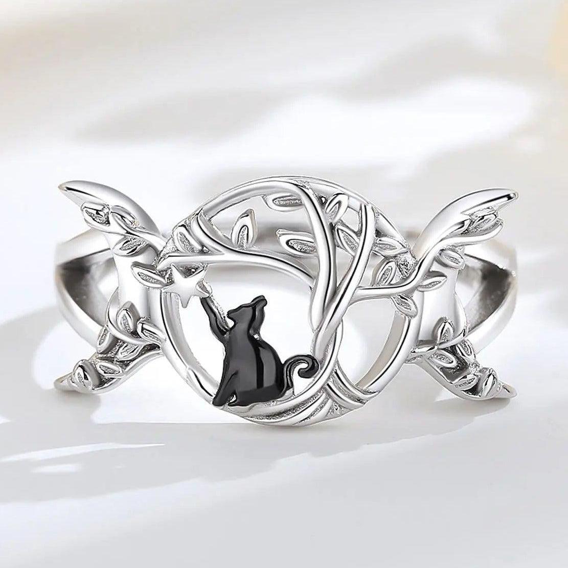925 Sterling Silver Wicca Triple Moon Ring Black Cat Ring Witchy Jewelry-MoonChildWorld