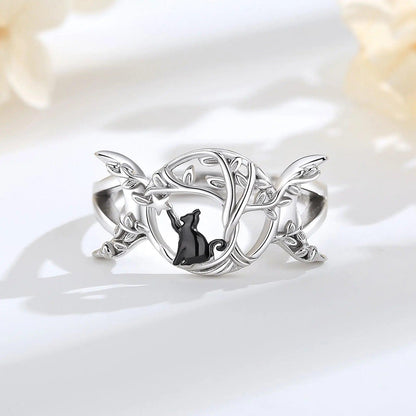 925 Sterling Silver Wicca Triple Moon Ring Black Cat Ring Witchy Jewelry-MoonChildWorld