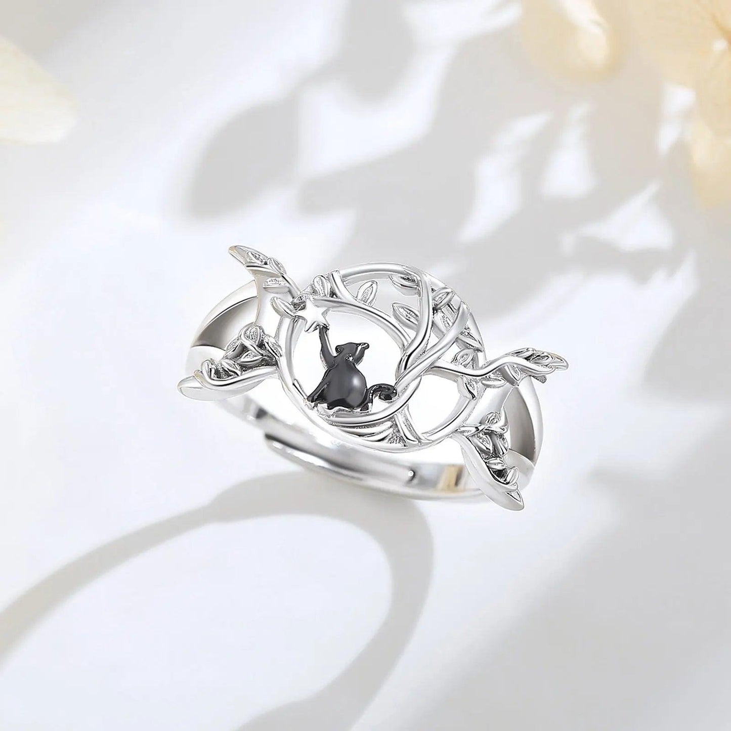 925 Sterling Silver Wicca Triple Moon Ring Black Cat Ring Witchy Jewelry-MoonChildWorld