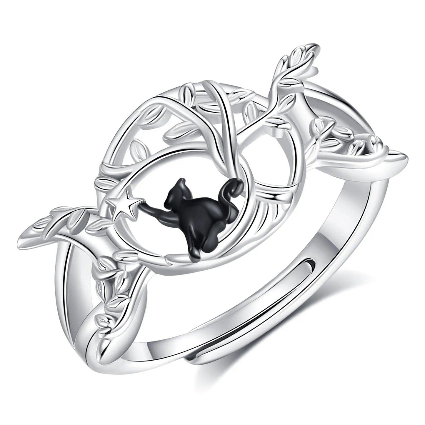 Sterling silver Triple Moon ring with a black cat, star, and leaf details.