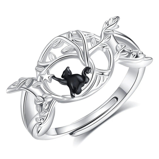 925 Sterling Silver Wicca Triple Moon Ring Black Cat Ring Witchy Jewelry-MoonChildWorld
