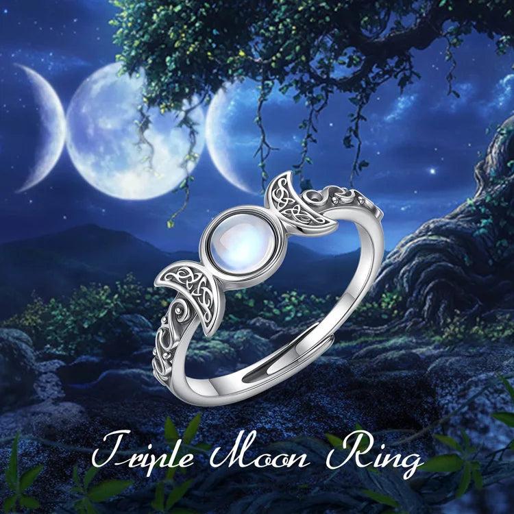 925 Sterling Silver Wicca Triple Moon Ring Moonstone Adjustable Rings Witchcraft Jewelry-MoonChildWorld