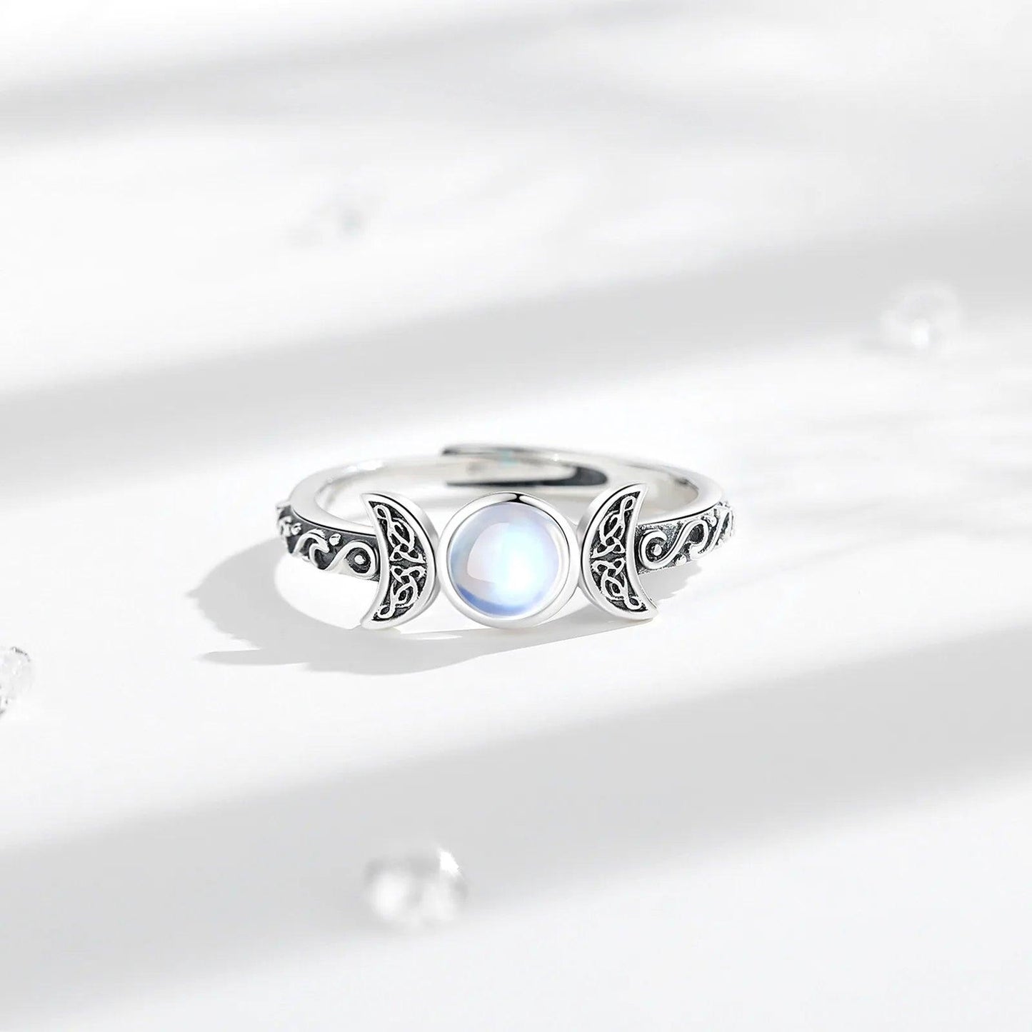 925 Sterling Silver Wicca Triple Moon Ring Moonstone Adjustable Rings Witchcraft Jewelry-MoonChildWorld