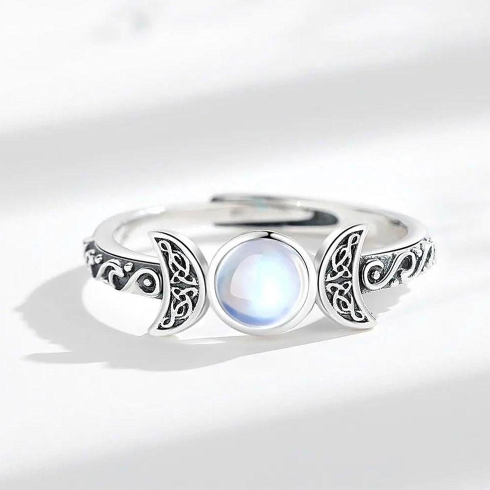 925 Sterling Silver Wicca Triple Moon Ring Moonstone Adjustable Rings Witchcraft Jewelry-MoonChildWorld