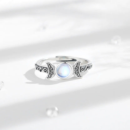 925 Sterling Silver Wicca Triple Moon Ring Moonstone Adjustable Rings Witchcraft Jewelry-MoonChildWorld