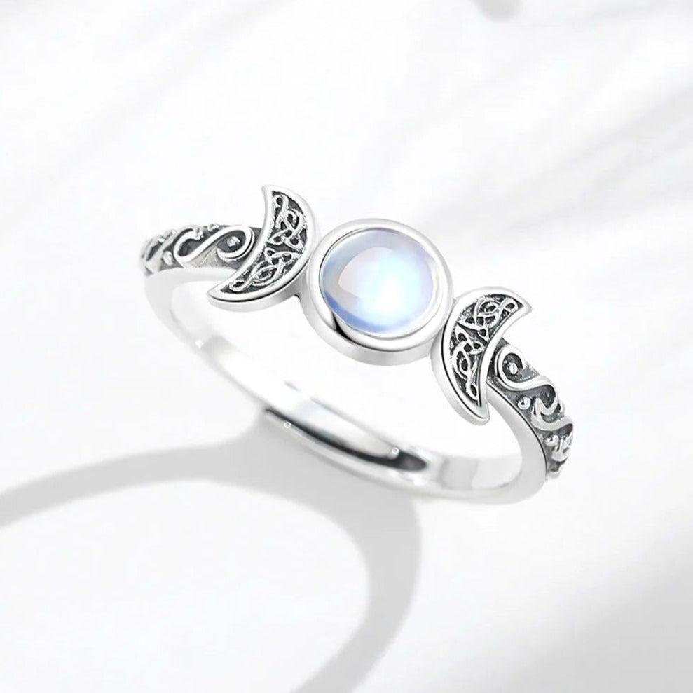 925 Sterling Silver Wicca Triple Moon Ring Moonstone Adjustable Rings Witchcraft Jewelry-MoonChildWorld