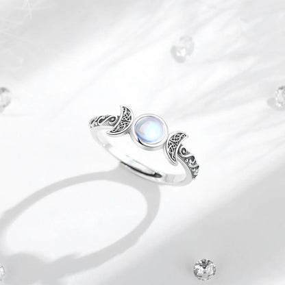 925 Sterling Silver Wicca Triple Moon Ring Moonstone Adjustable Rings Witchcraft Jewelry-MoonChildWorld