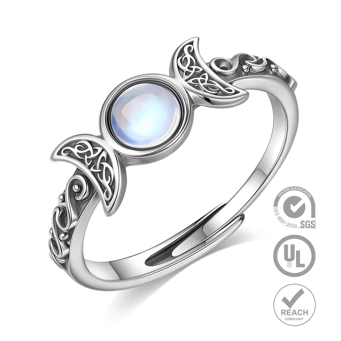 925 Sterling Silver Wicca Triple Moon Ring Moonstone Adjustable Rings Witchcraft Jewelry-MoonChildWorld