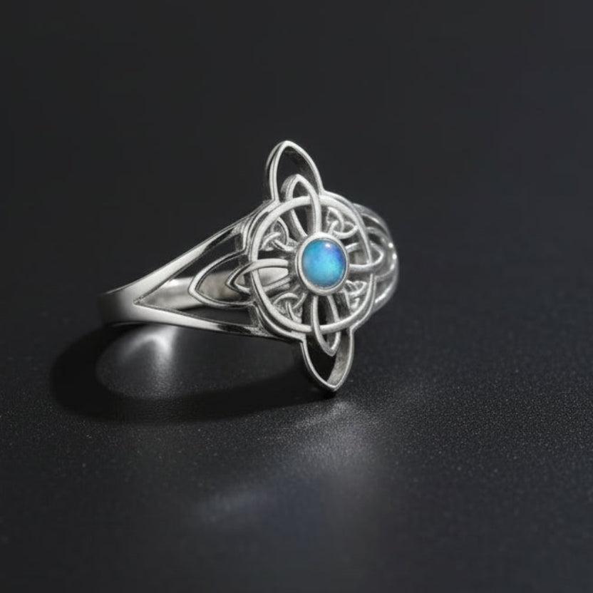 925 Sterling Silver Witch Celtic Knot Ring Blue Opal Adjustable Rings Wicca Pagan Jewelry-MoonChildWorld