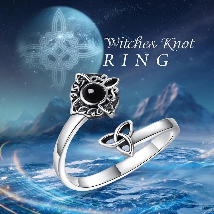 925 Sterling Silver Witch Knot Adjustable Ring Obsidian Celtic Knot Pagan Ring Wiccan Jewelry-MoonChildWorld