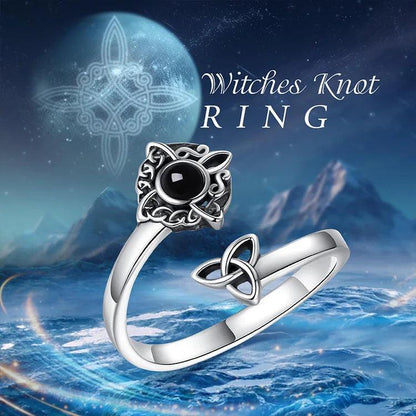 925 Sterling Silver Witch Knot Adjustable Ring Obsidian Celtic Knot Pagan Ring Wiccan Jewelry-MoonChildWorld