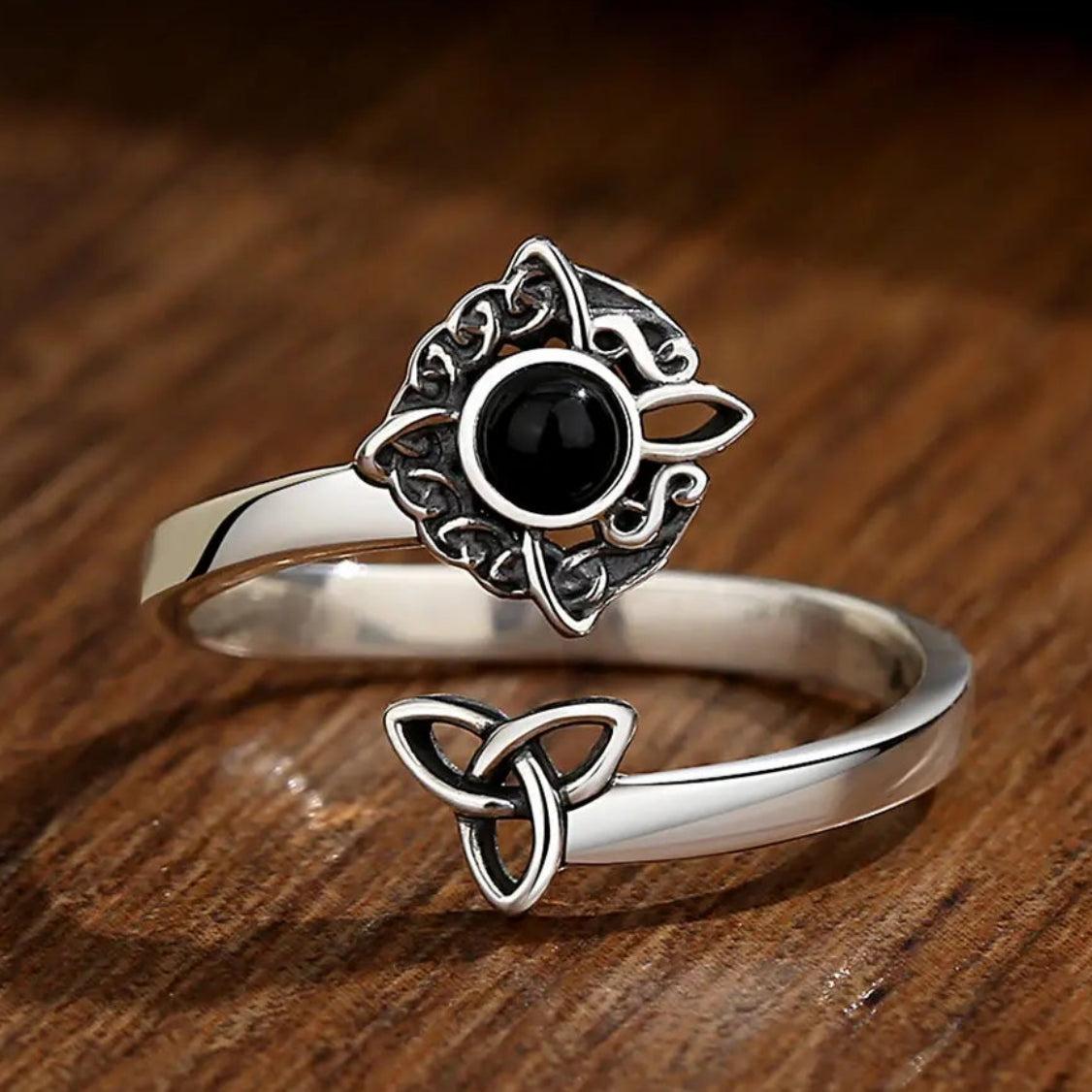 925 Sterling Silver Witch Knot Adjustable Ring Obsidian Celtic Knot Pagan Ring Wiccan Jewelry-MoonChildWorld