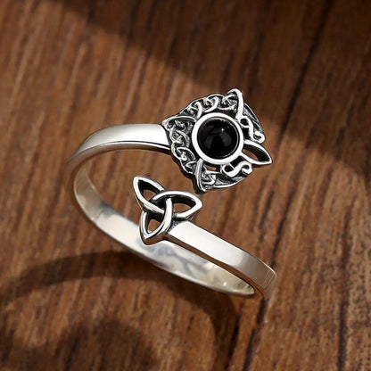 925 Sterling Silver Witch Knot Adjustable Ring Obsidian Celtic Knot Pagan Ring Wiccan Jewelry-MoonChildWorld