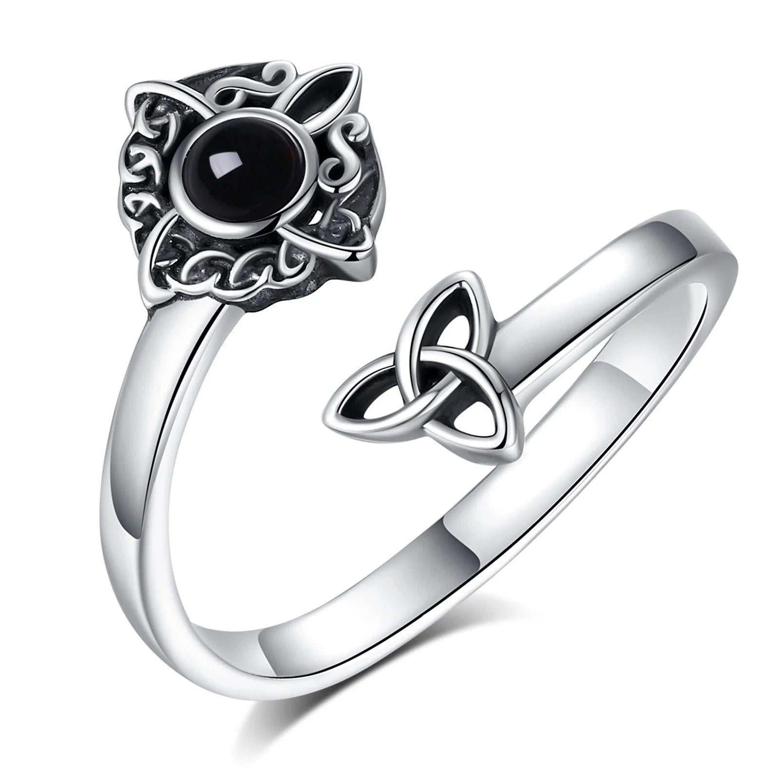 925 Sterling Silver Witch Knot Adjustable Ring Obsidian Celtic Knot Pagan Ring Wiccan Jewelry-MoonChildWorld