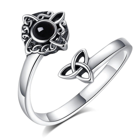 925 Sterling Silver Witch Knot Adjustable Ring Obsidian Celtic Knot Pagan Ring Wiccan Jewelry-MoonChildWorld