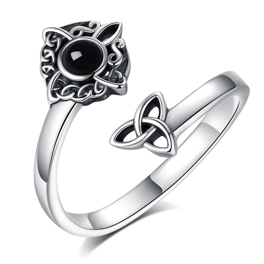925 Sterling Silver Witch Knot Adjustable Ring Obsidian Celtic Knot Pagan Ring Wiccan Jewelry-MoonChildWorld