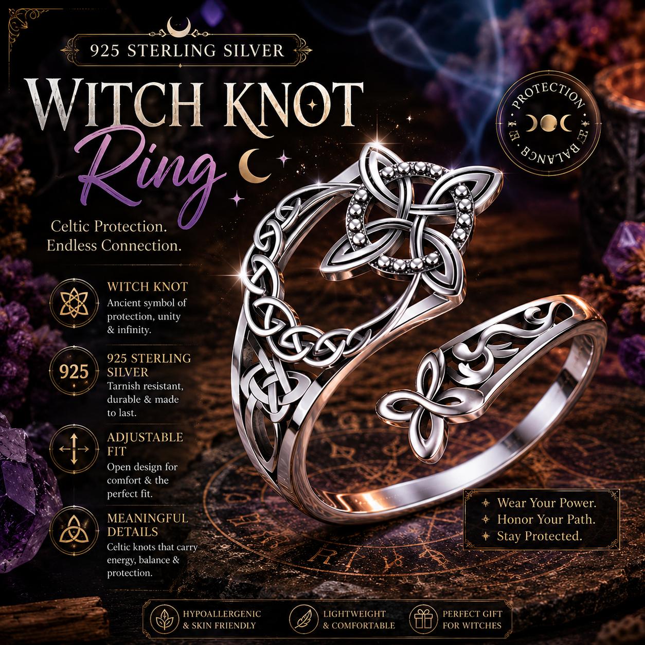 925 Sterling Silver Witch Knot Ring - Adjustable Celtic Knot Protection Jewelry for Wiccans & Pagans-MoonChildWorld