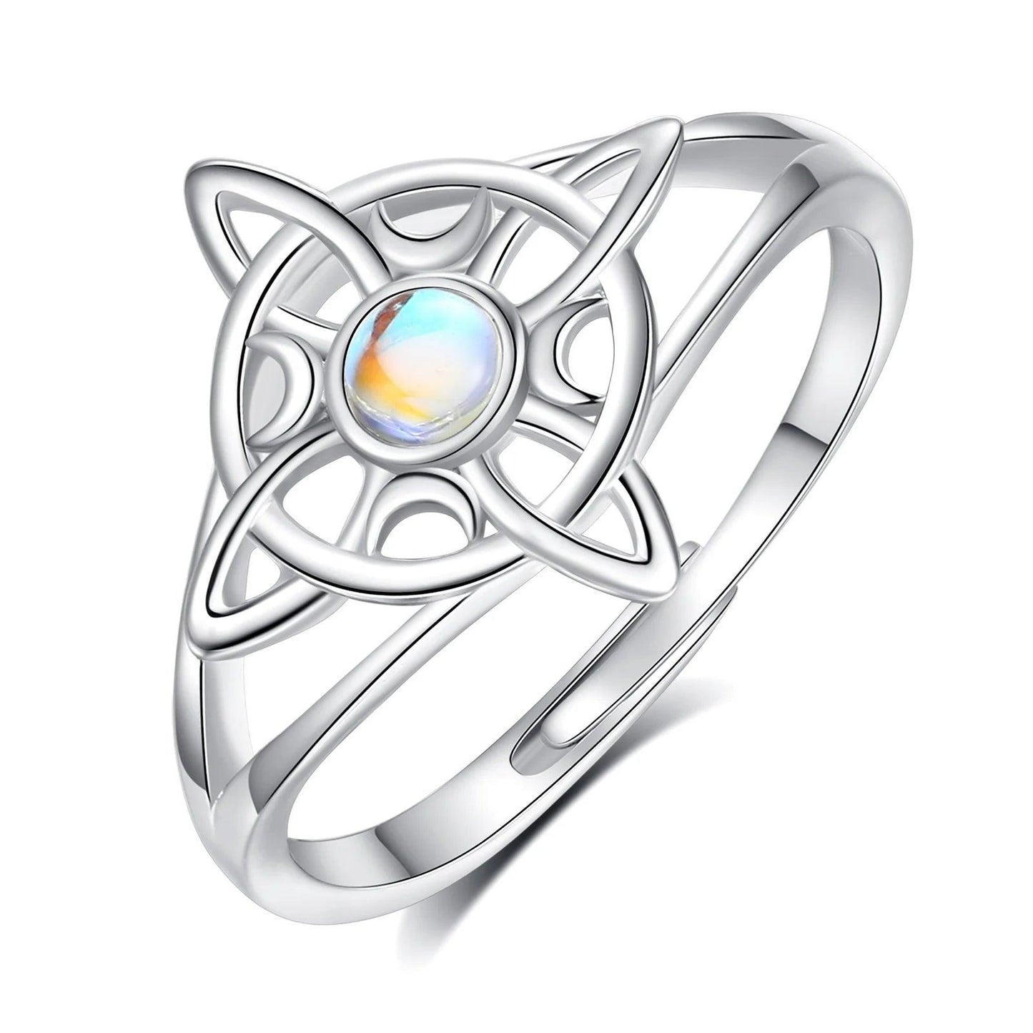 925 sterling silver Celtic knot witch ring with a iridescent moonstone center.