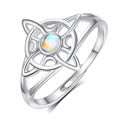 925 sterling silver Celtic knot witch ring with a iridescent moonstone center.