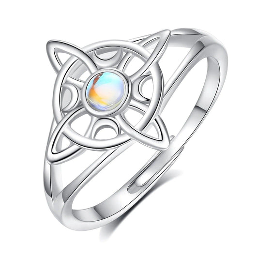 925 sterling silver Celtic knot witch ring with a iridescent moonstone center.