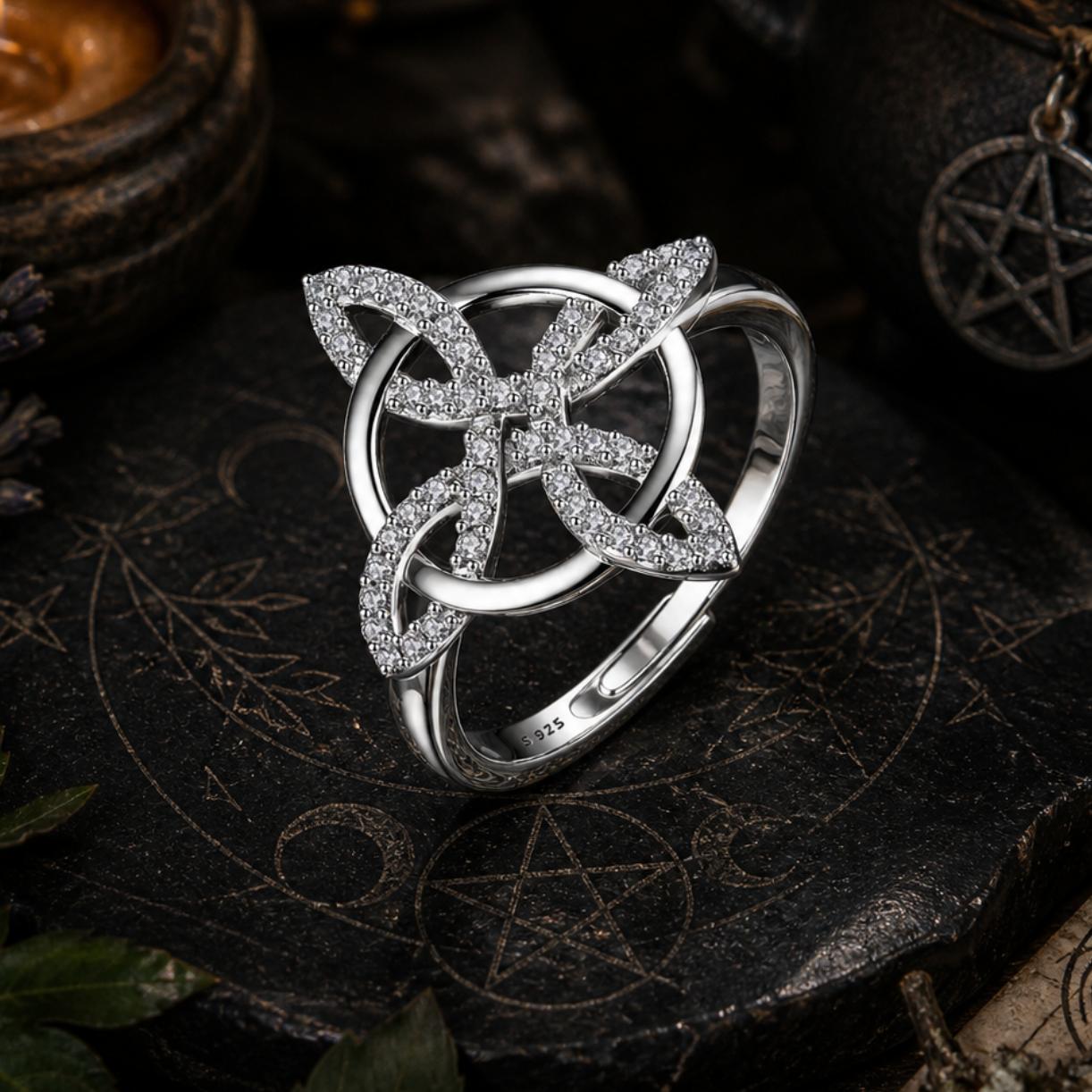 925 Sterling Silver Witches Knot Adjustable Ring Celtic Knot Zircon Ring Wicca Pagan Jewelry-MoonChildWorld