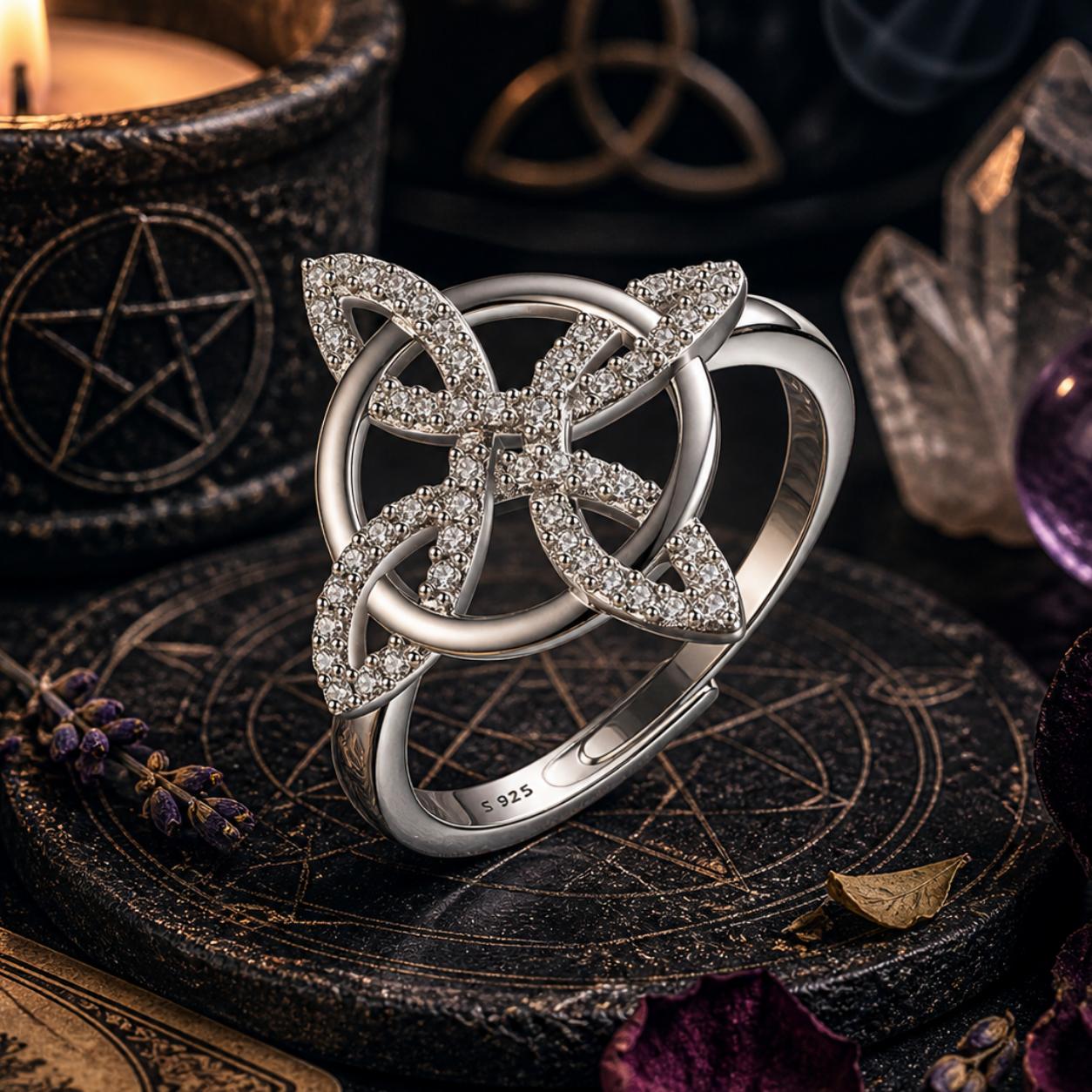 925 Sterling Silver Witches Knot Adjustable Ring Celtic Knot Zircon Ring Wicca Pagan Jewelry-MoonChildWorld