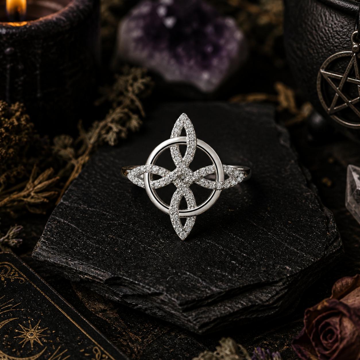 925 Sterling Silver Witches Knot Adjustable Ring Celtic Knot Zircon Ring Wicca Pagan Jewelry-MoonChildWorld