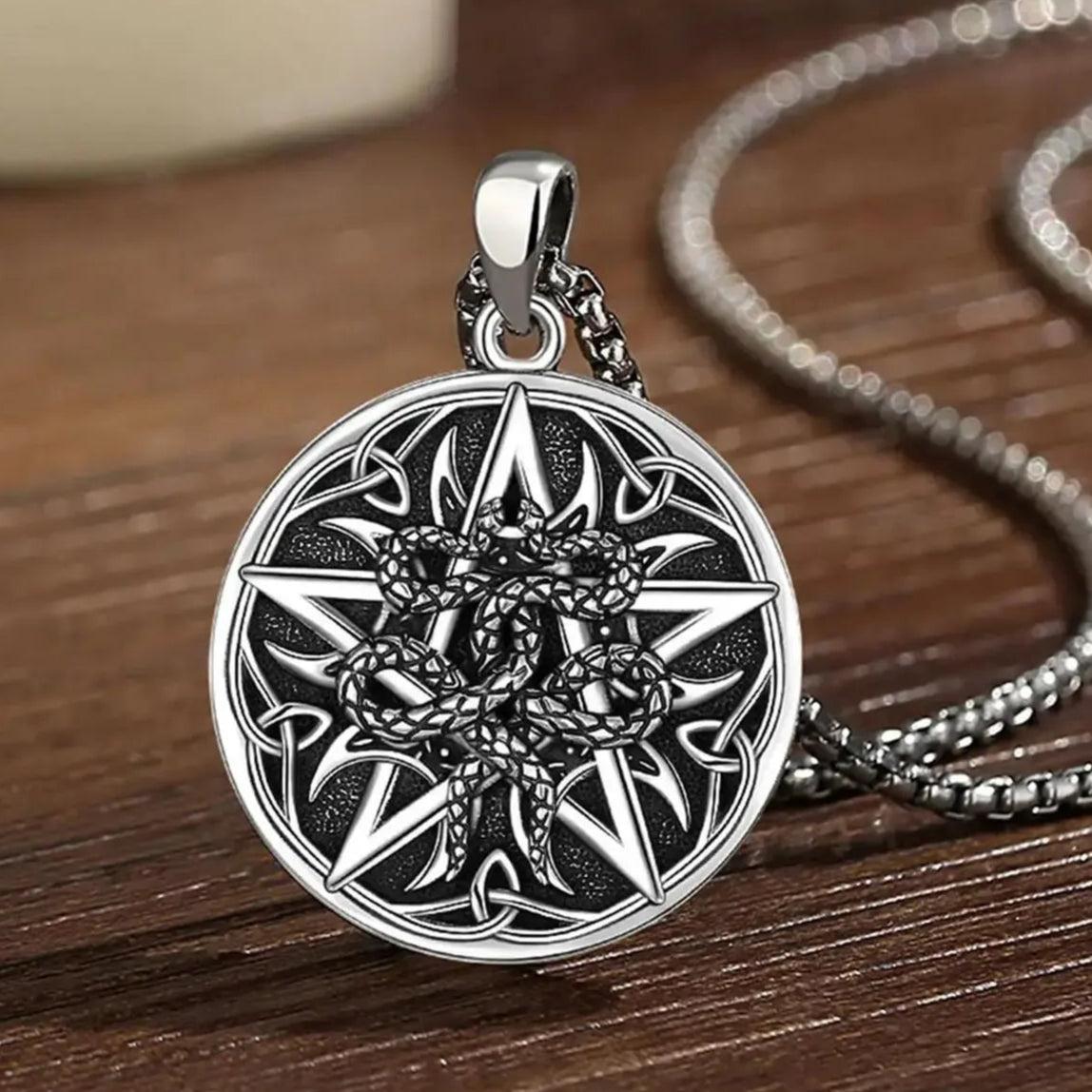 925 Sterling Silver Witchy Pentagram Snake Necklace Celtic knot Wicca Pagan Jewelry-MoonChildWorld