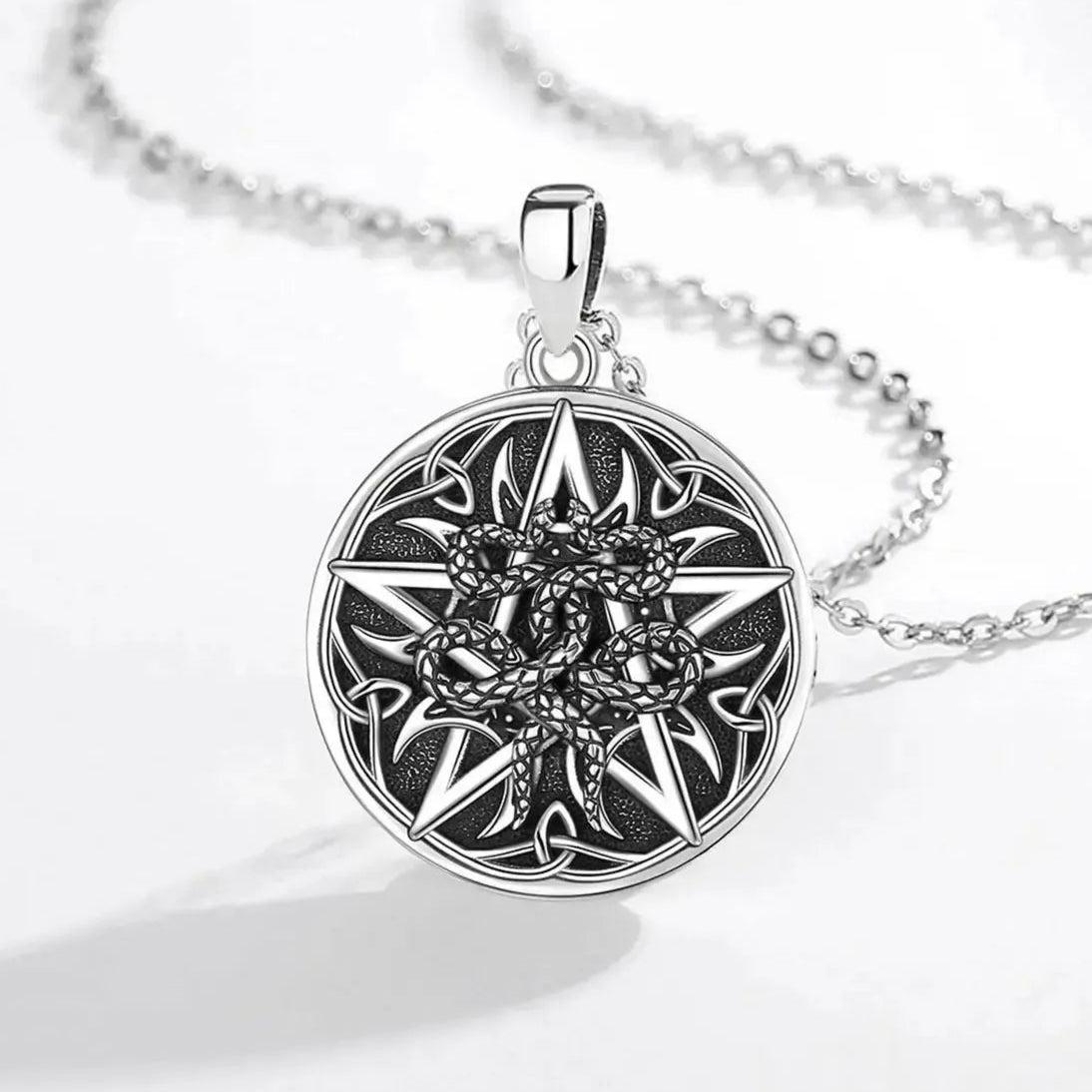 925 Sterling Silver Witchy Pentagram Snake Necklace Celtic knot Wicca Pagan Jewelry-MoonChildWorld