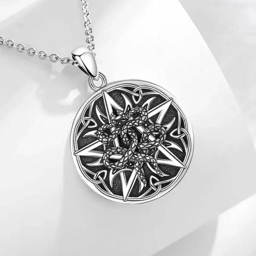 925 Sterling Silver Witchy Pentagram Snake Necklace Celtic knot Wicca Pagan Jewelry-MoonChildWorld