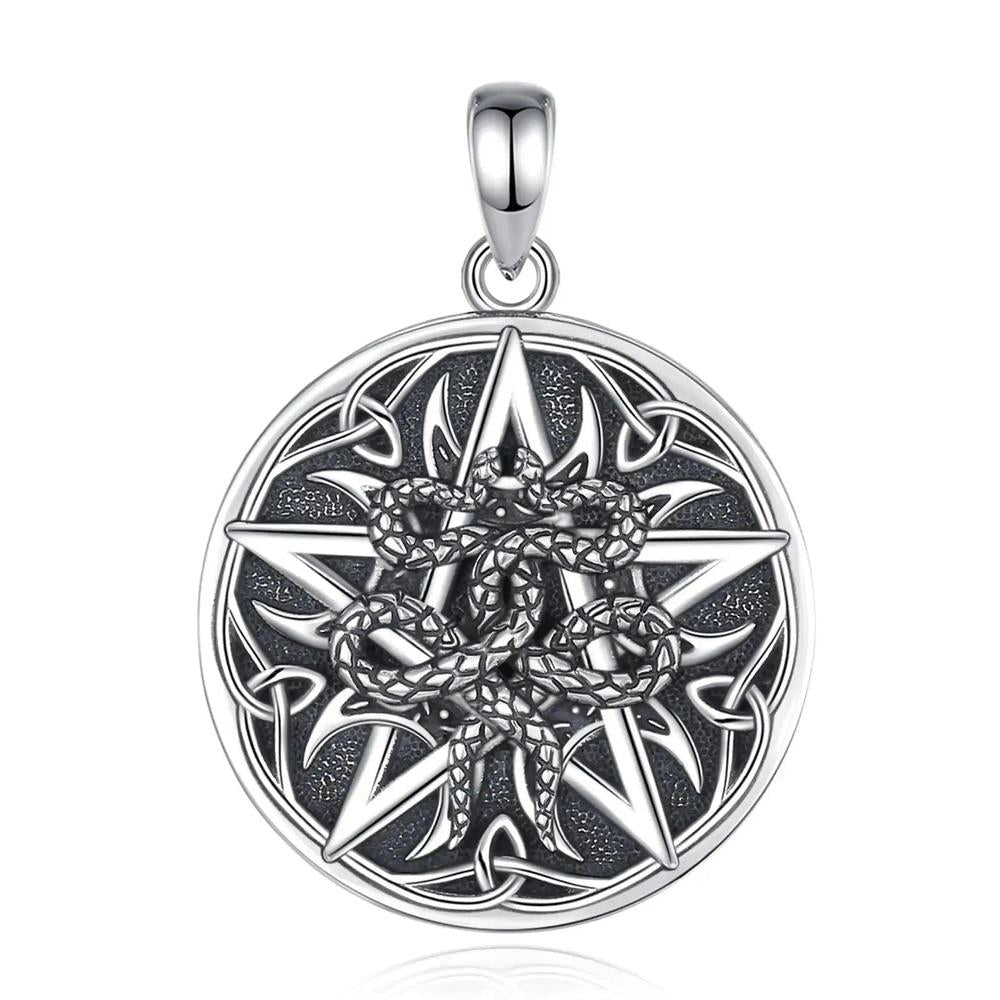 925 Sterling Silver Witchy Pentagram Snake Necklace Celtic knot Wicca Pagan Jewelry-MoonChildWorld