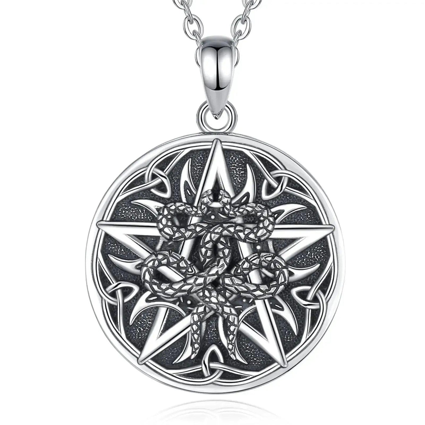 925 Sterling Silver Witchy Pentagram Snake Necklace Celtic knot Wicca Pagan Jewelry-MoonChildWorld
